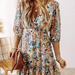 Floral V-Neck Smocked Waist Dress - Multicolor